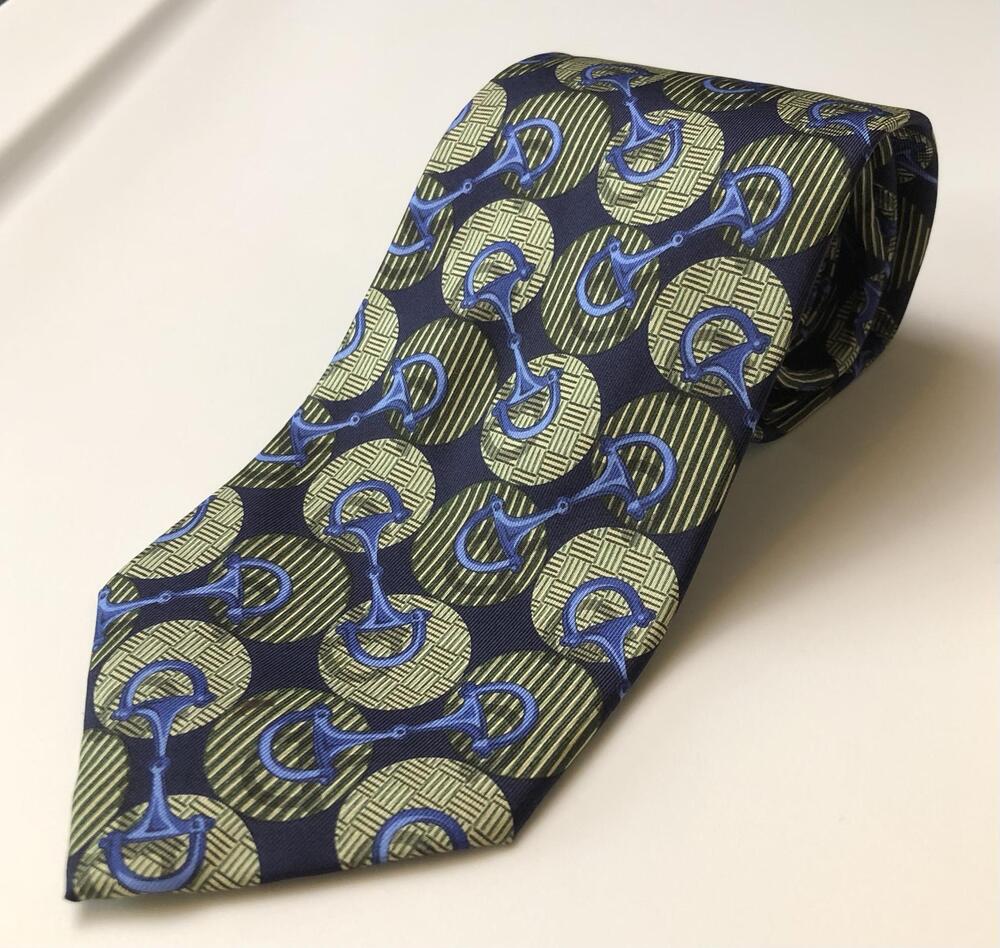 Gucci Tie Mens One Size Blue Silk Horsebit Geometric Equestrian Made In Italy